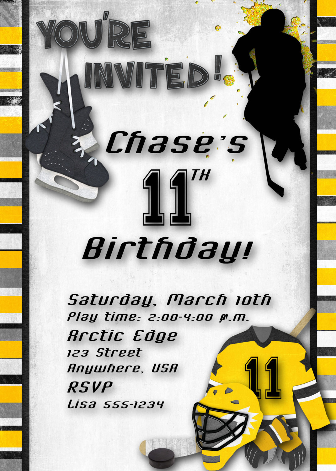 Hockey Birthday Invitations
 Hockey Birthday Party Invitation Gold Yellow