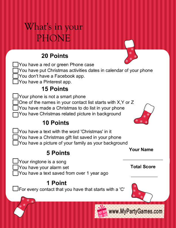 Holiday Office Party Game Ideas
 Free Printable What s in Your Phone Christmas Game