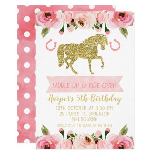 Horse Invitations Birthday Party
 Pink Gold Floral Horse Birthday Party Invitation