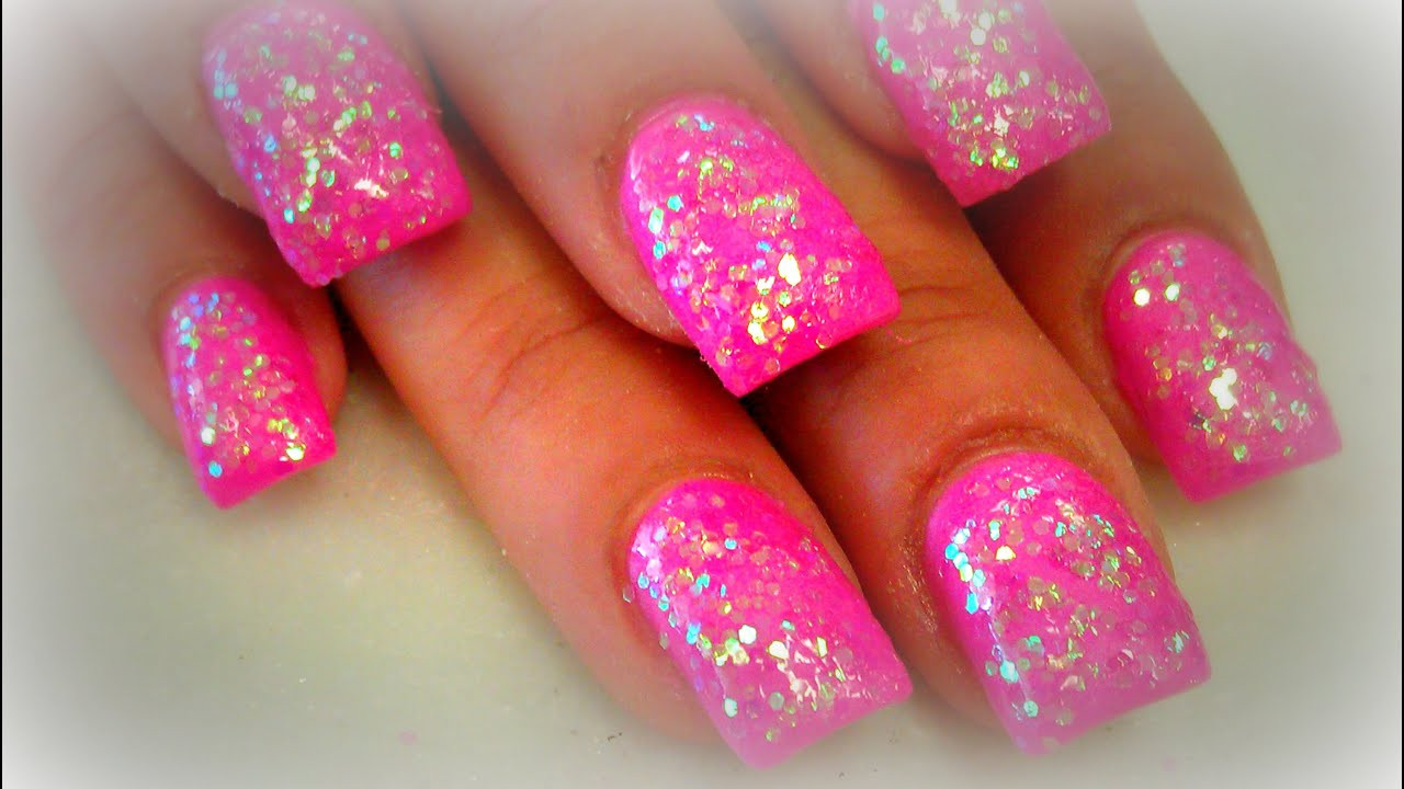 Hot Pink Glitter Nails
 DIY PINK GLITTER NAILS