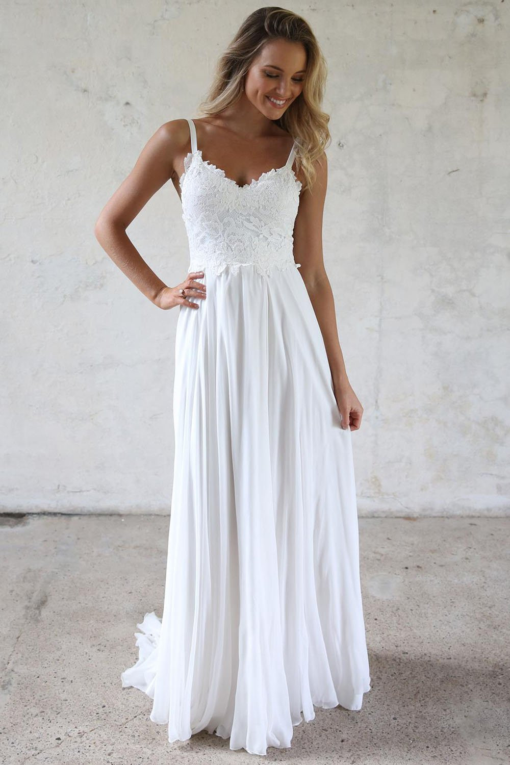 How To Dress For A Beach Wedding
 A line Spaghetti Straps Lace Top Beach Wedding Dresses