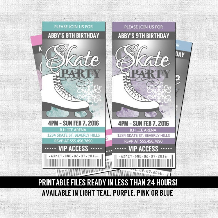 Ice Skating Birthday Party Invitations
 ICE SKATING TICKET Invitation Skate Birthday Party Any Age