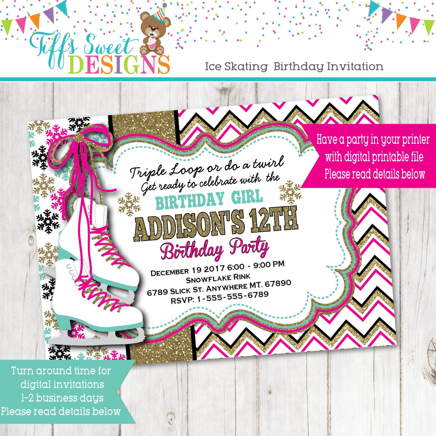 Ice Skating Birthday Party Invitations
 Ice Skating Birthday Party Invitation Ice Skate Party Gold