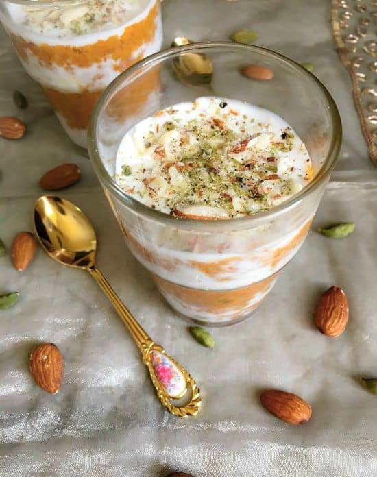 Indian Carrot Pudding
 Gajar ka Halwa with Almond Saffron Cream Layered Indian