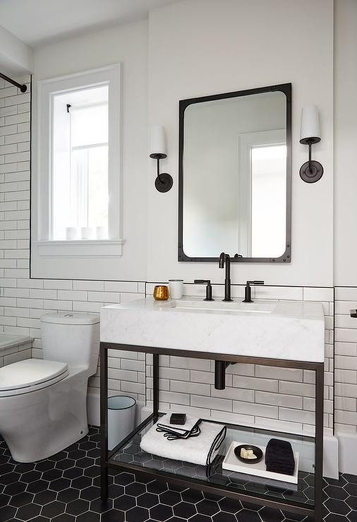 Industrial Bathroom Mirror
 Aged Steel and Marble Sink Vanity with Black Hex Tiles