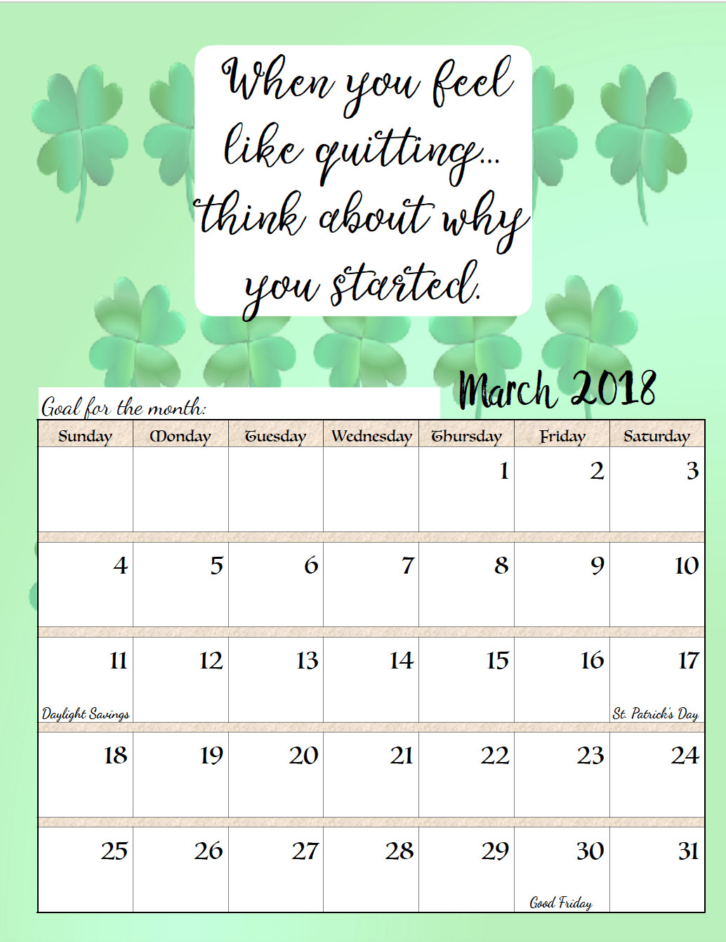 Inspirational Quote Calendar
 Free Printable 2018 Monthly Motivational Calendars