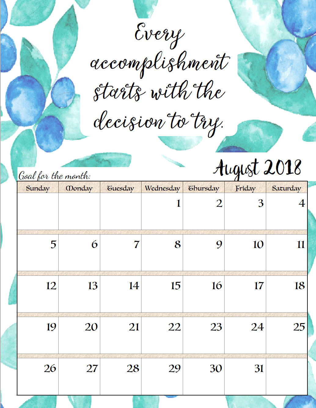 Inspirational Quote Calendar
 Free Printable 2018 Monthly Motivational Calendars