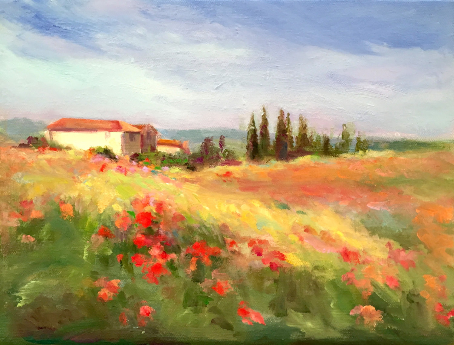 Italian Landscape Painting
 Tuscany Italy Landscape Red Flowers Unframed 9H x