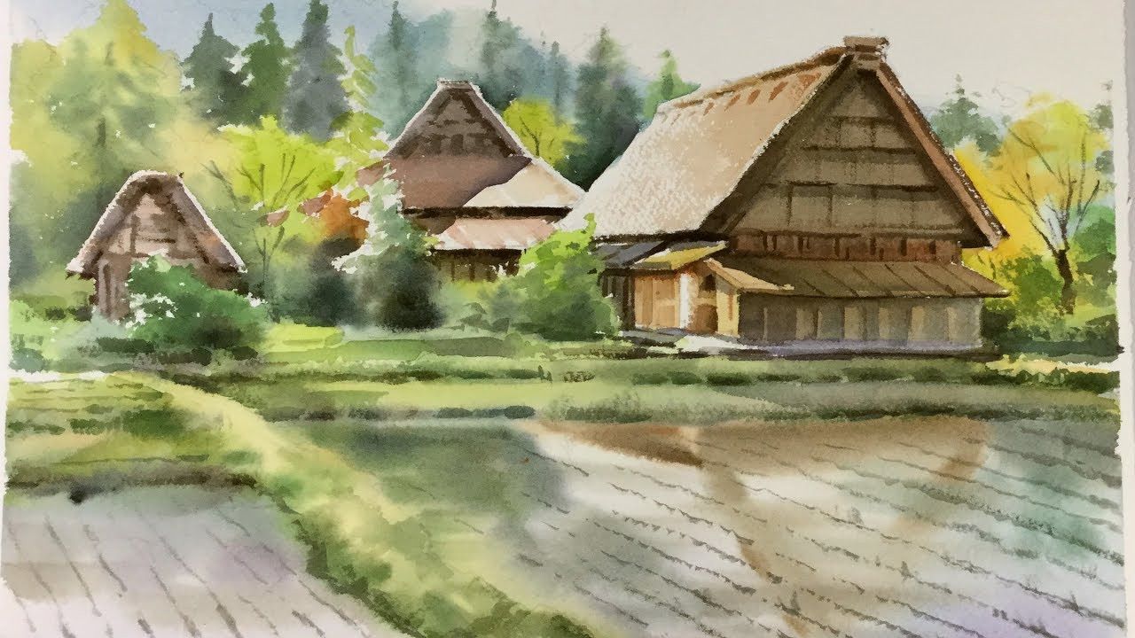 Japan Landscape Painting
 Watercolor Landscape painting Cottages at Shirakawa