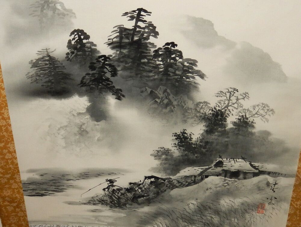 Japanese Landscape Painting
 LARGE JAPANESE WATERCOLOR MAN FISHING RIVER LANDSCAPE