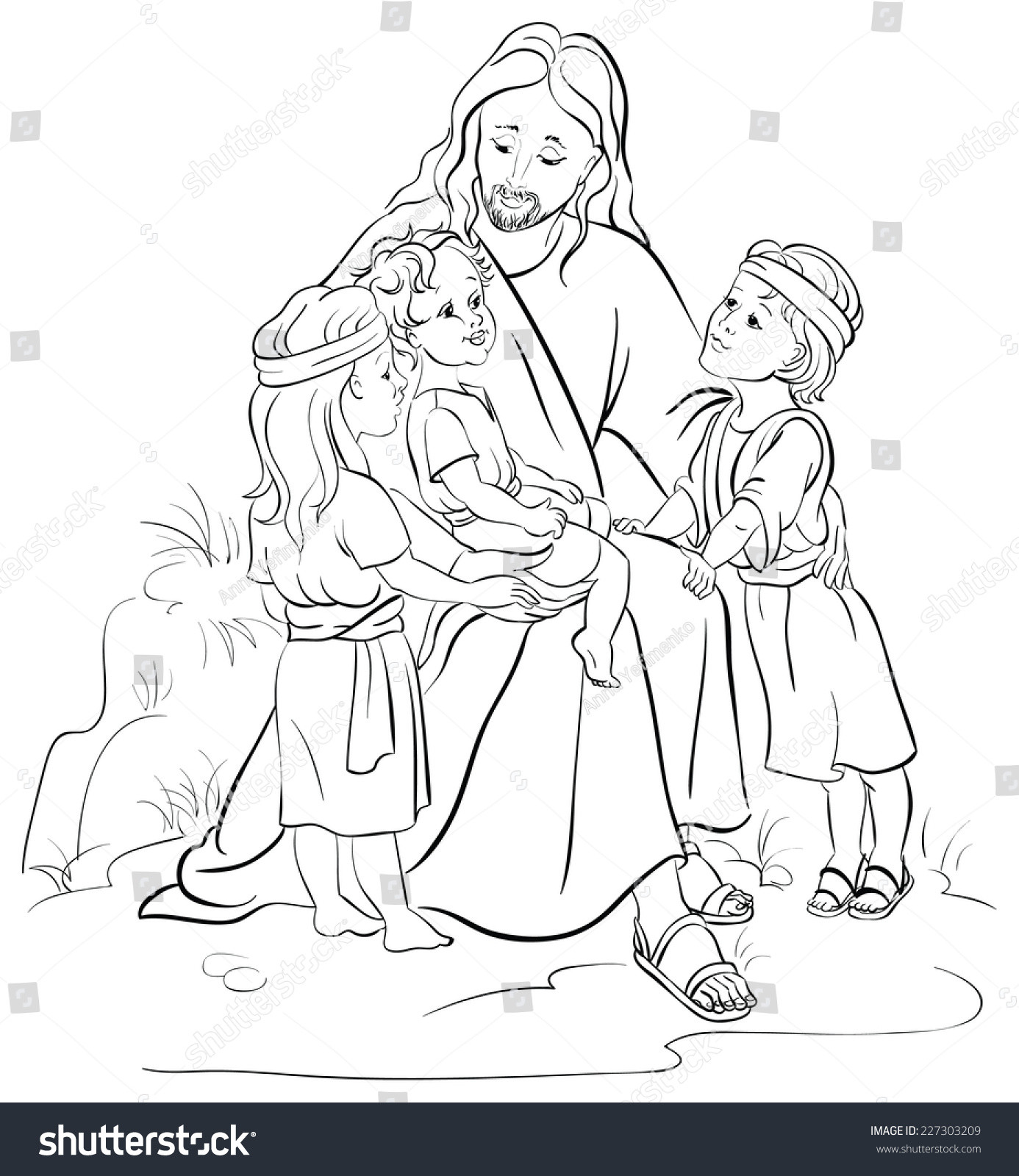 Jesus And The Children Coloring Page
 Bible Story Jesus Children Coloring Page Stock Vector