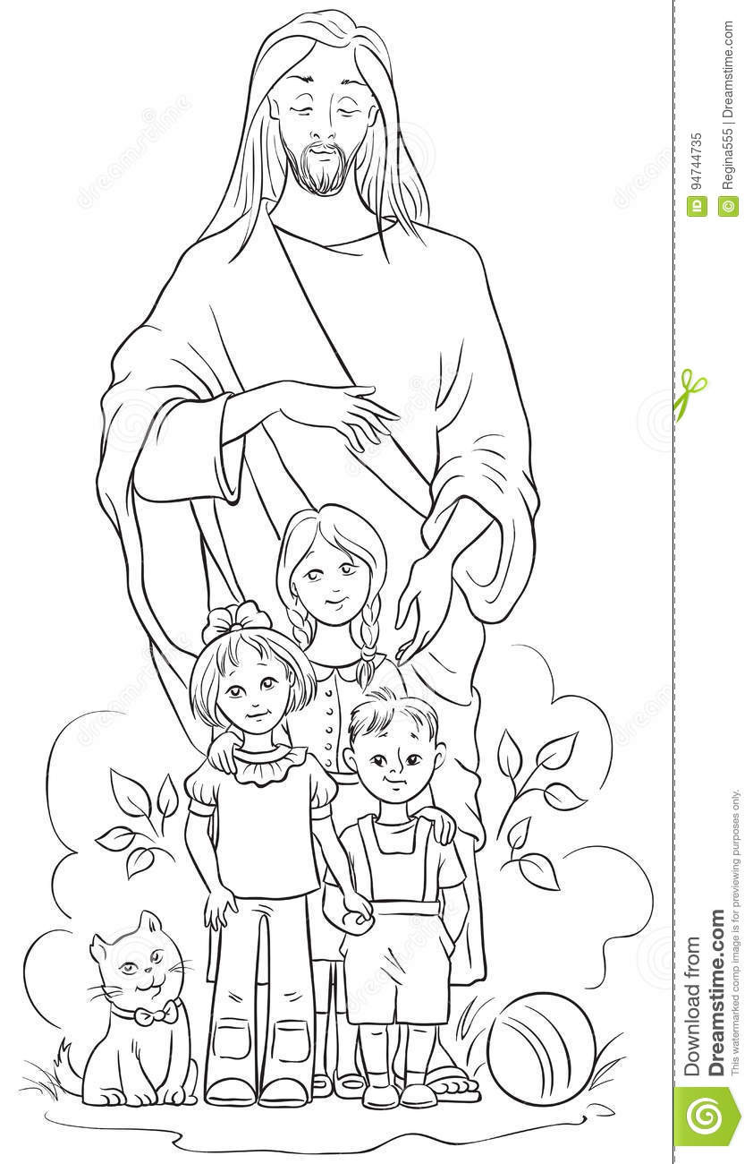 Jesus And The Children Coloring Page
 Jesus With Children Coloring Page Stock Vector