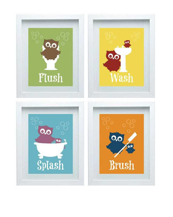 Kid Bathroom Wall Art
 Bathroom Rules Art Kids Bathroom Decor Owl wall Decor set of