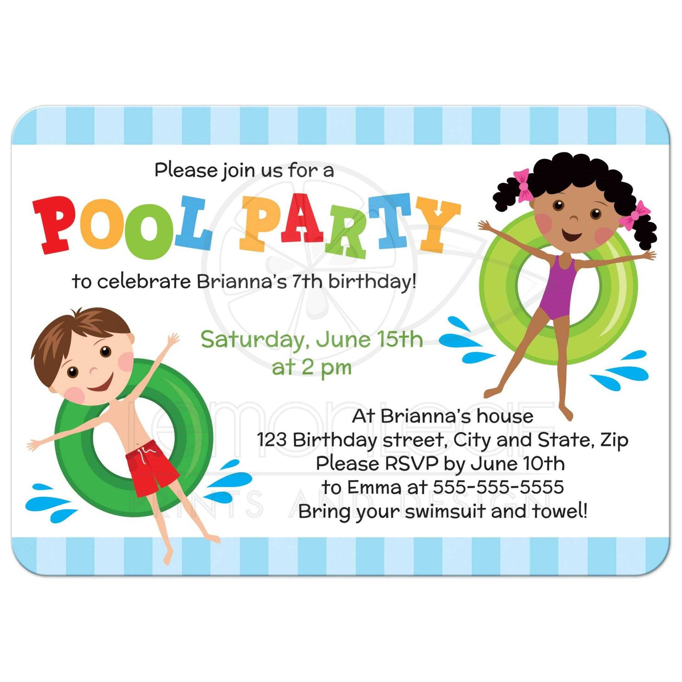 Kids Birthday Invitations
 Pool birthday party invitation for kids boy and girl on