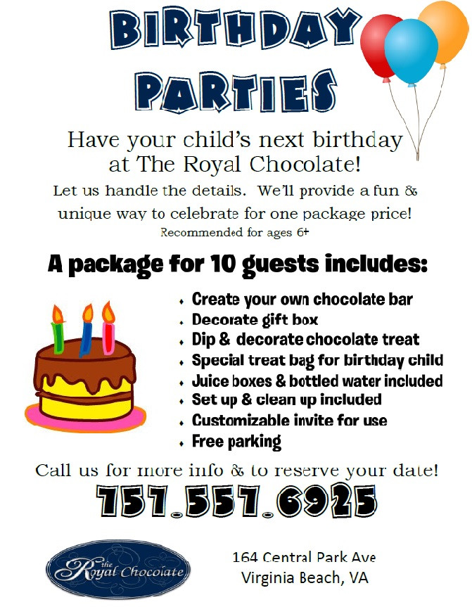 Kids Birthday Party Ideas Virginia Beach
 Childrens Birthday Parties at The Royal Chocolate