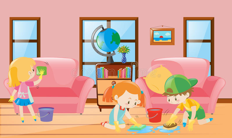 Kids Clean Room Clipart
 Three Children Cleaning Living Room Stock Vector