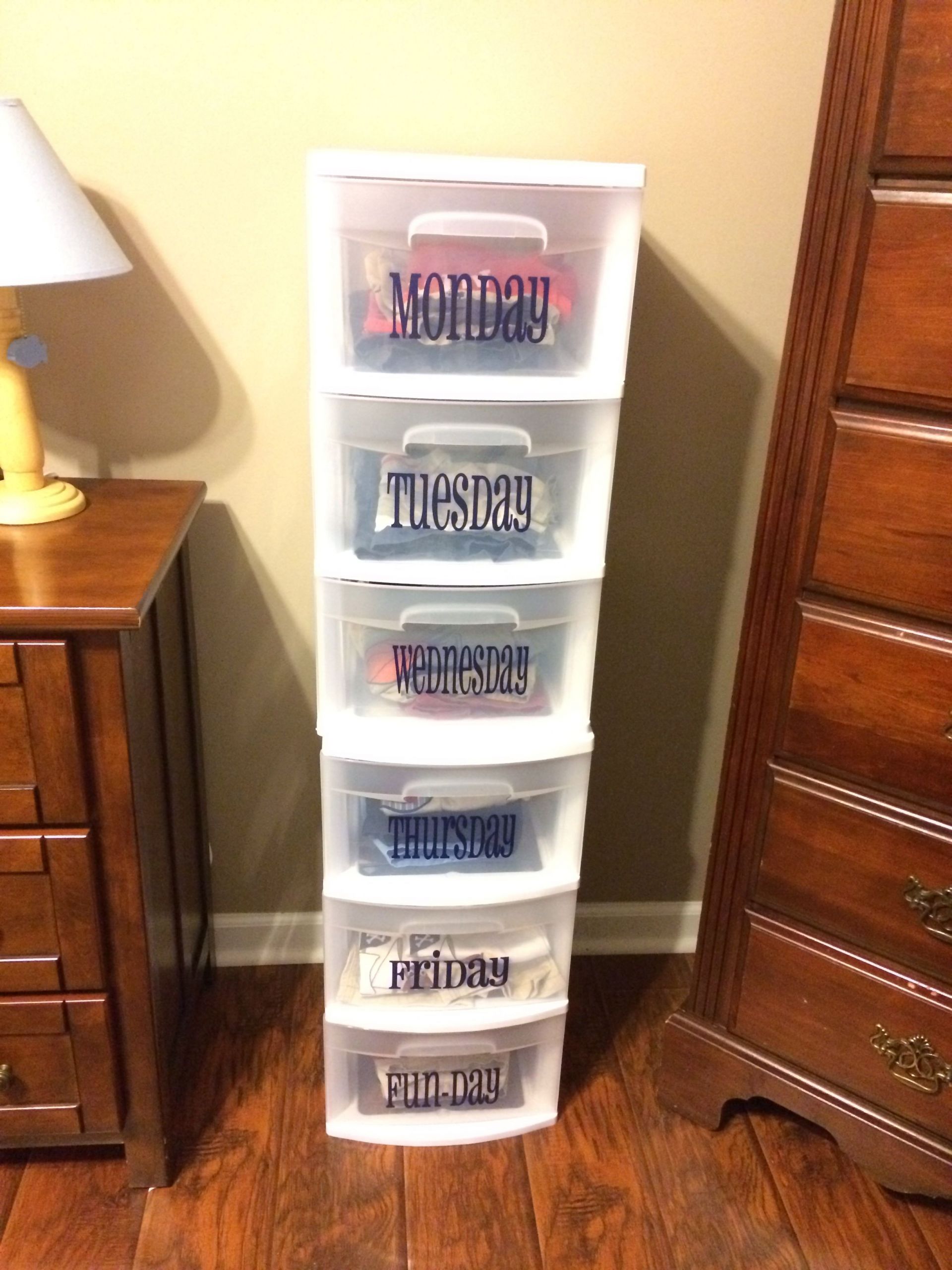 Kids Clothes Storage
 Weekly Clothes Organizer kind of like this idea for