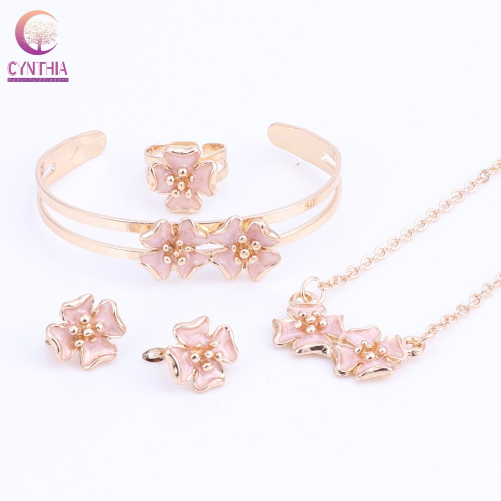 Kids Fashion Jewelry
 Gold Color Enamel Flower Necklace Bangle Bracelet Ring Set