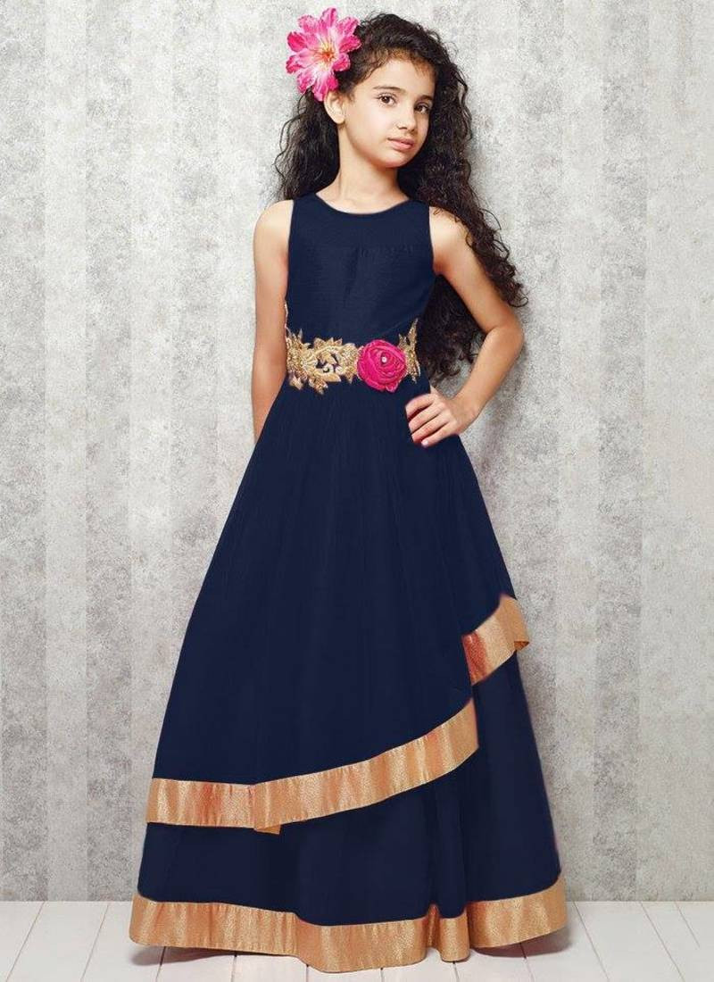 Kids Party Wear
 Buy blue satin designer embroidered partywear kids gown