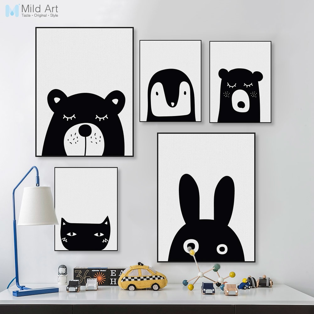Kids Room Prints
 Black White Kawaii Animals Bear Rabbit Poster Prints