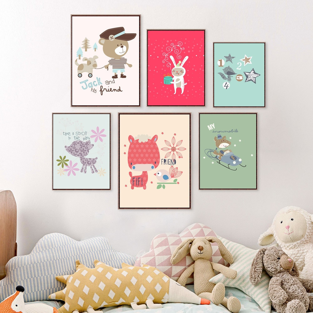 Kids Room Prints
 Cute Animal Cartoon Canvas Painting Wall Stickers For Kids
