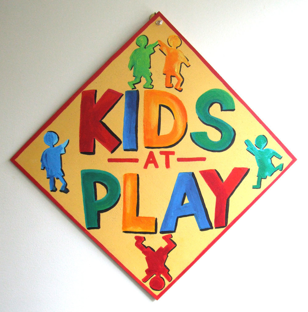 Kids Room Sign
 Art for Kid KIDS AT PLAY Handpainted Caution Sign 12x12