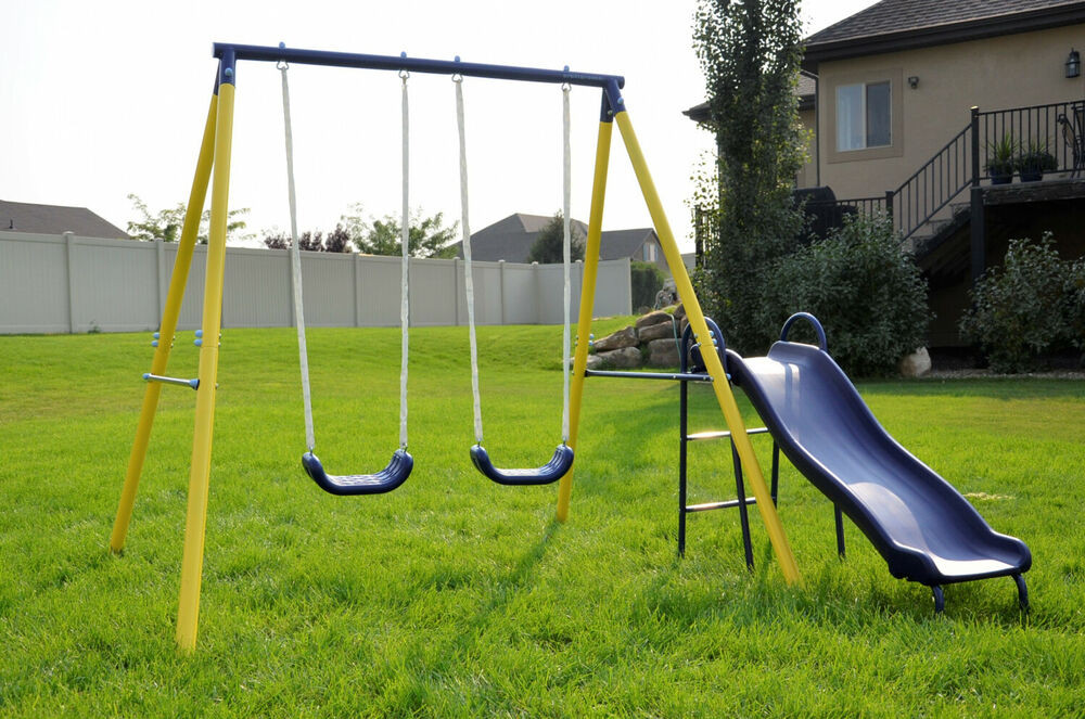 Kids Swing And Slide Set
 Kids Fun Play Time Metal Swing Set Outdoor W 5 ft Heavy