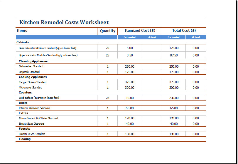 Kitchen Remodel Cost Calculator
 MS Excel Kitchen Remodel Costs Calculator Template