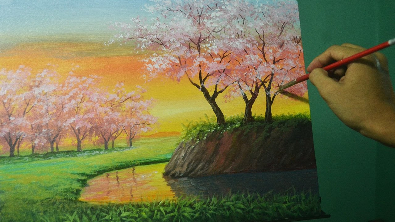 Landscape Acrylic Painting
 Acrylic Landscape Painting Lesson Cherry Blossoms on