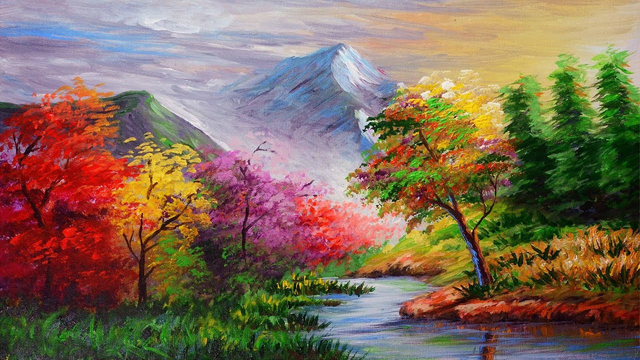 Landscape Acrylic Painting
 How to paint step by step basic Landscape with Autumn