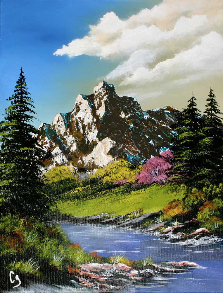 Landscape Acrylic Painting
 VIBRANT MOUNTAIN & STREAM ACRYLIC 12x16" LANDSCAPE