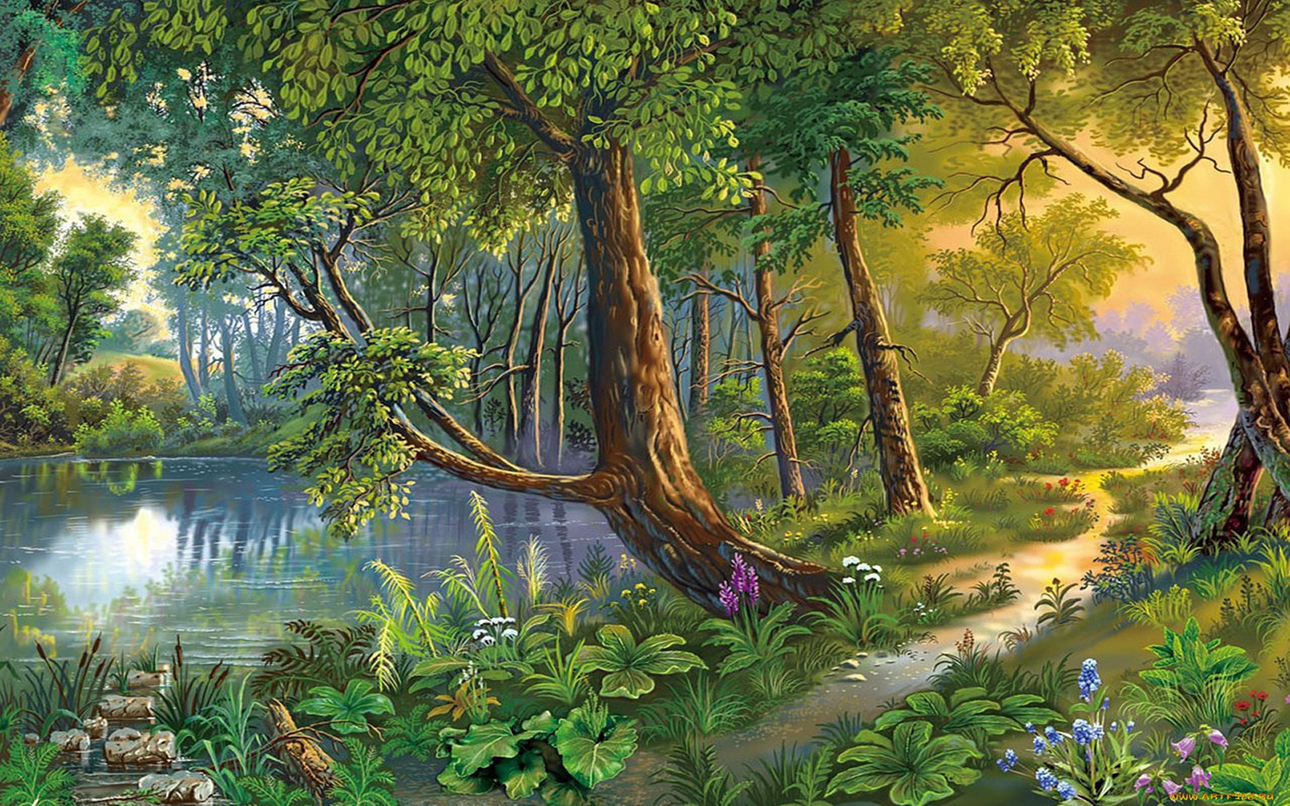 Landscape Painting Artists
 Beautiful Landscape Nature Art River Trees Flowers Hd
