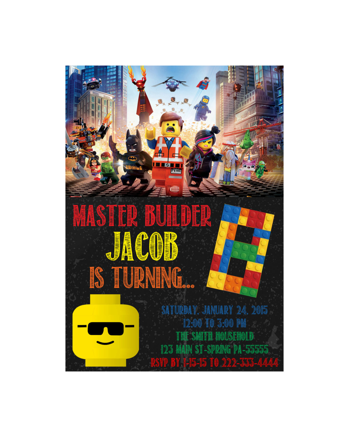 Lego Movie Birthday Invitations
 Lego Movie Birthday Invitation DIGITAL FILE 5x7 Master