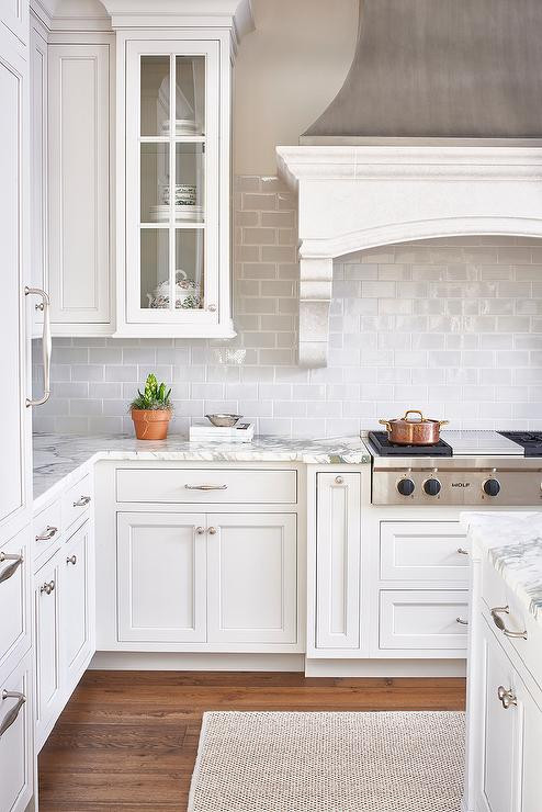 Light Gray Subway Tile Kitchen
 White and Gray Kitchen with Light Gray Mini Subway Tiles