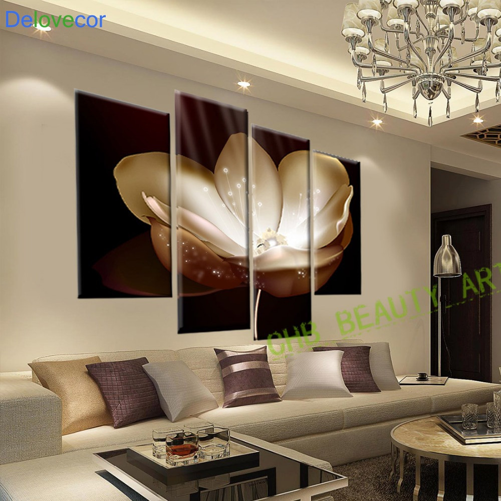Living Room Canvas Wall Art
 4 Panel Gold Flower Printed Painting Canvas Picture Wall