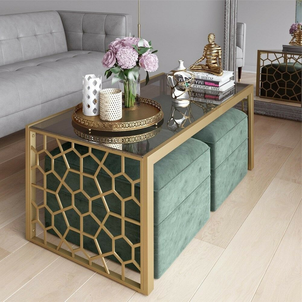 Living Room Center Table Decor
 2 Modern Ottoman Glass Metal Coffee Table Set Rectangle