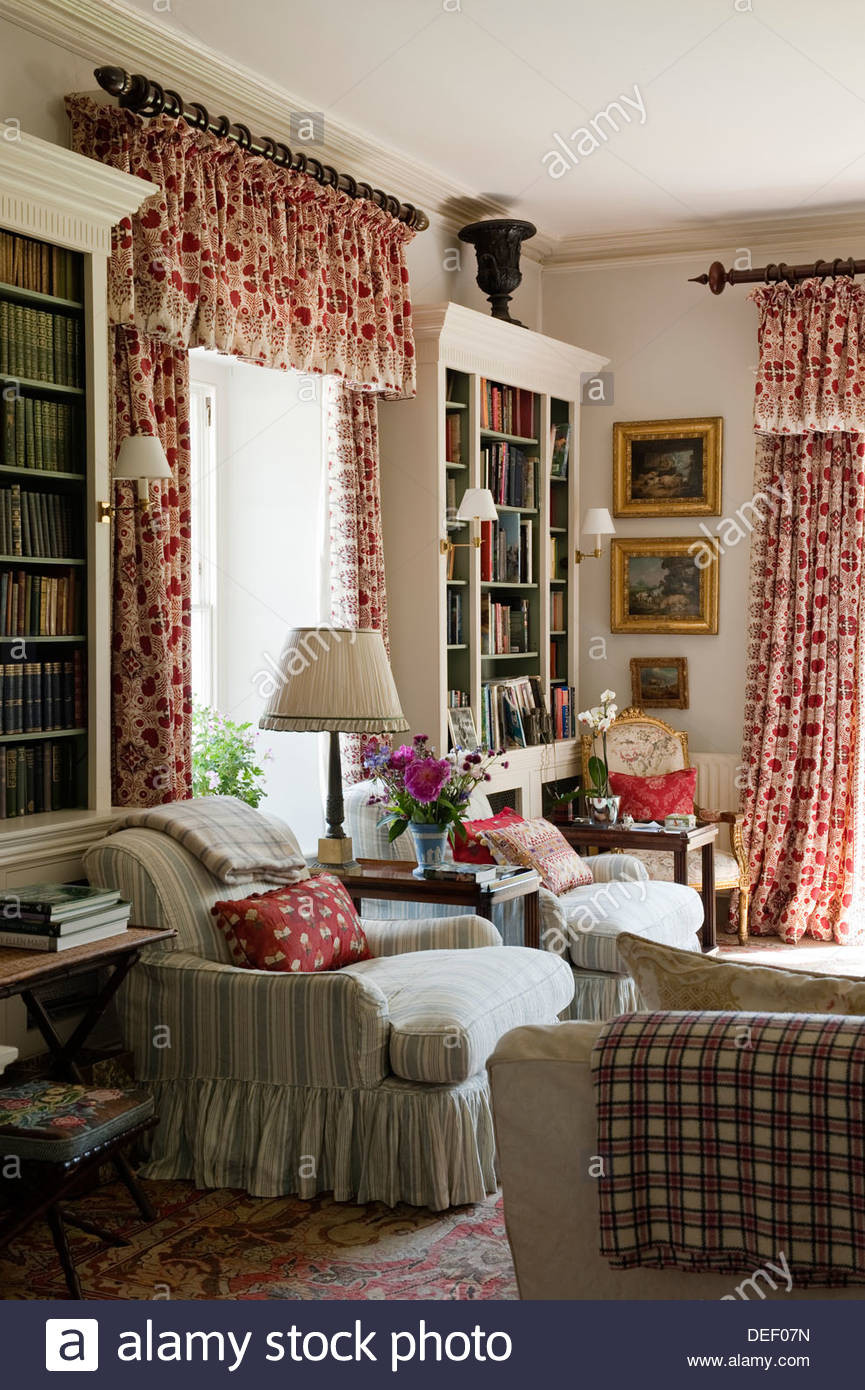 Living Room Red Curtains
 Country Estate living room with red patterned curtains