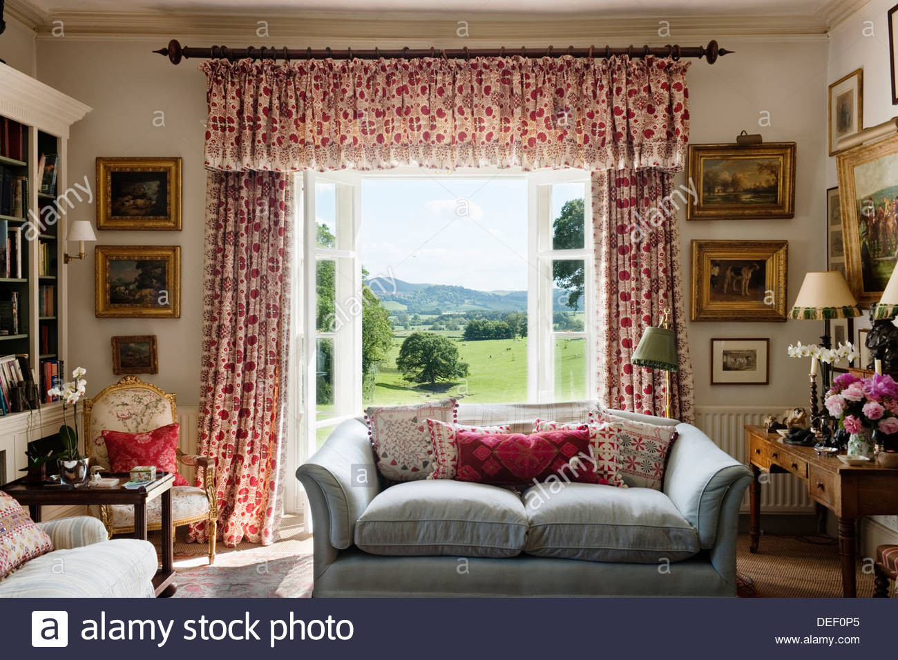 Living Room Red Curtains
 Country Estate living room with red patterned curtains