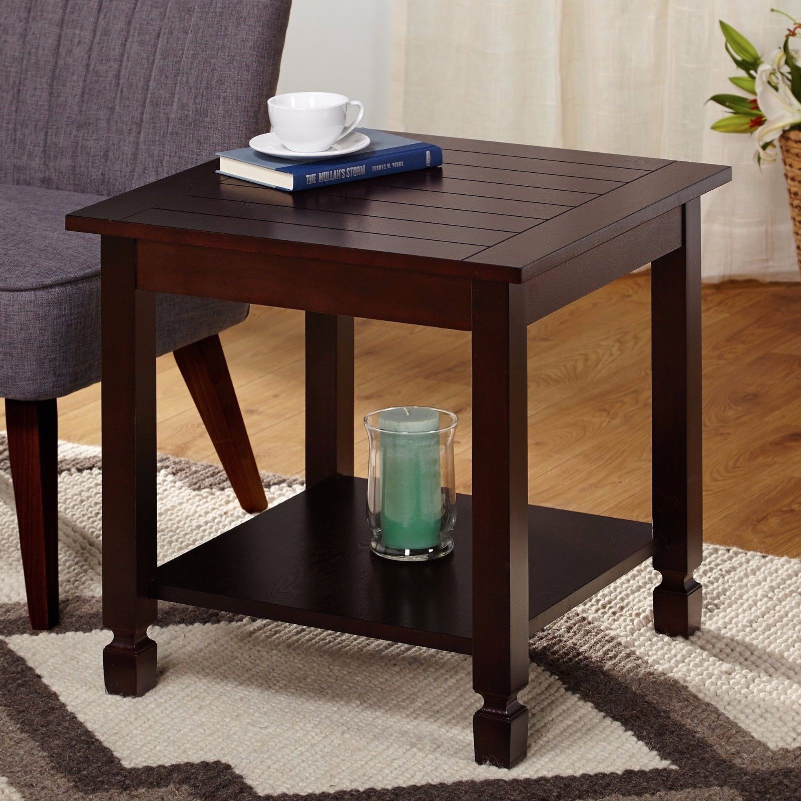 Living Room Side Tables
 Espresso Finish Square End Table with Lower Shelf Living