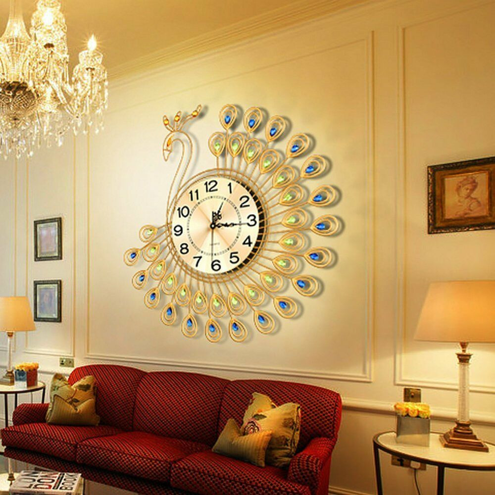 Living Room Wall Clock
 US Creative Gold Peacock Wall Clock Metal Living