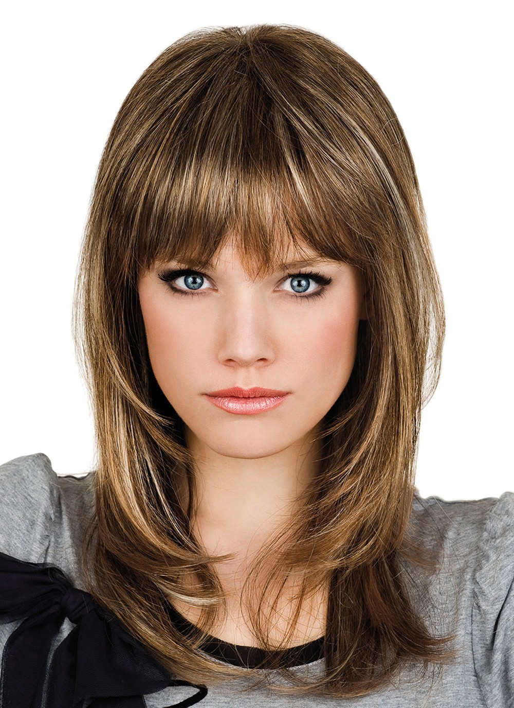 Long Length Hairstyles With Bangs
 Human Hair Medium Length Capless Wigs with Full Bangs