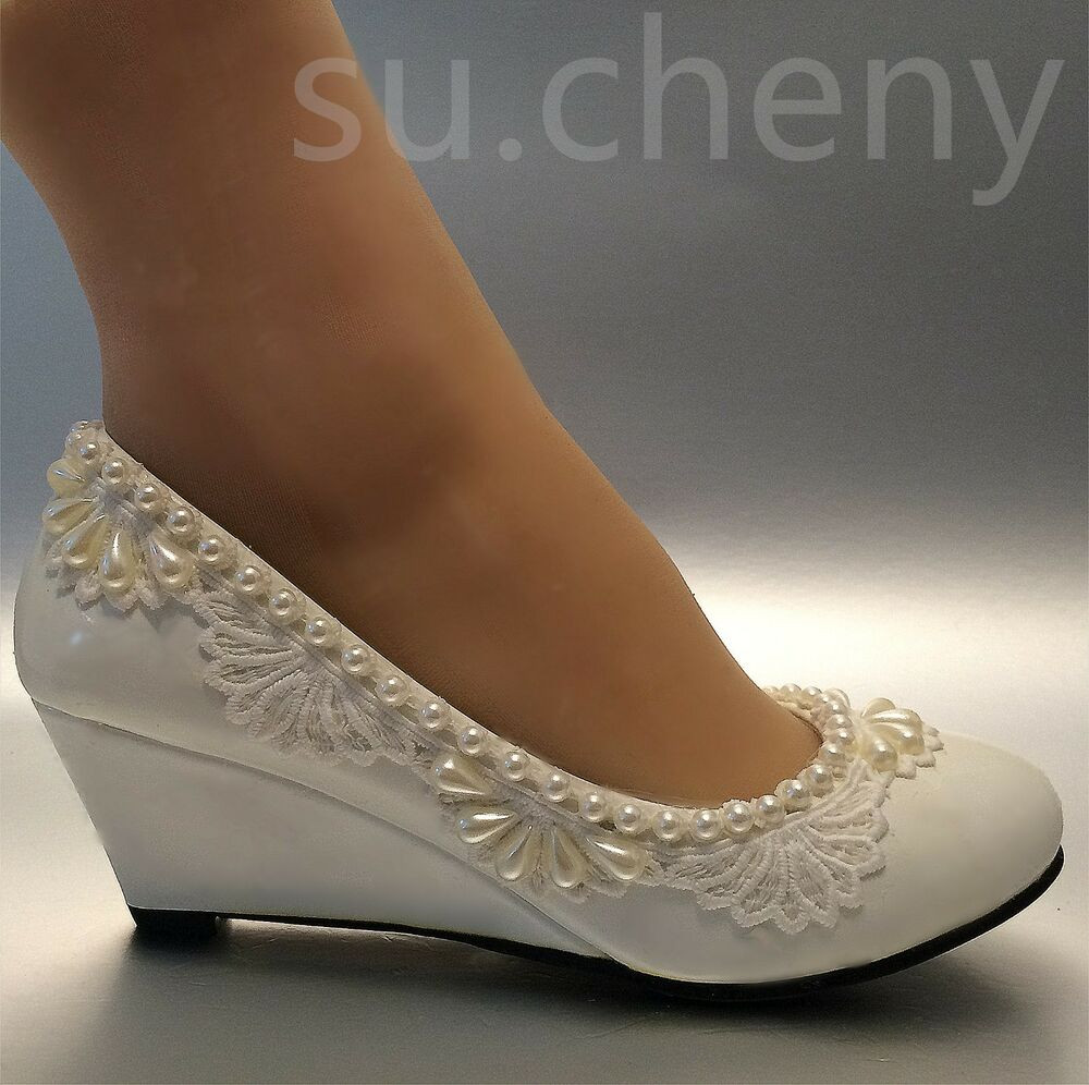 Low Heel Lace Wedding Shoes
 2” heel wedges lace white light ivory pearl Wedding shoes