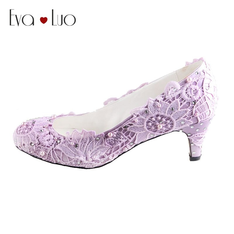 Low Heel Lace Wedding Shoes
 CHS497 DHL Express Custom Handmade Lavander Lace Low Heel