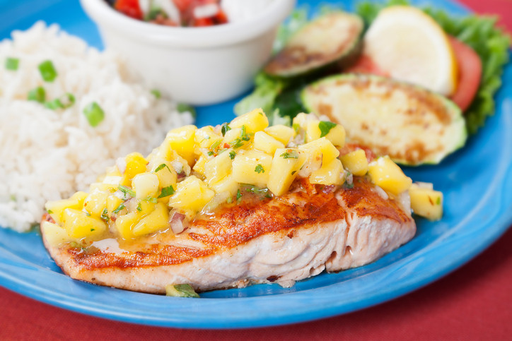 Mango Chutney Salmon
 Mexican food Flame broiled salmon with mango salsa