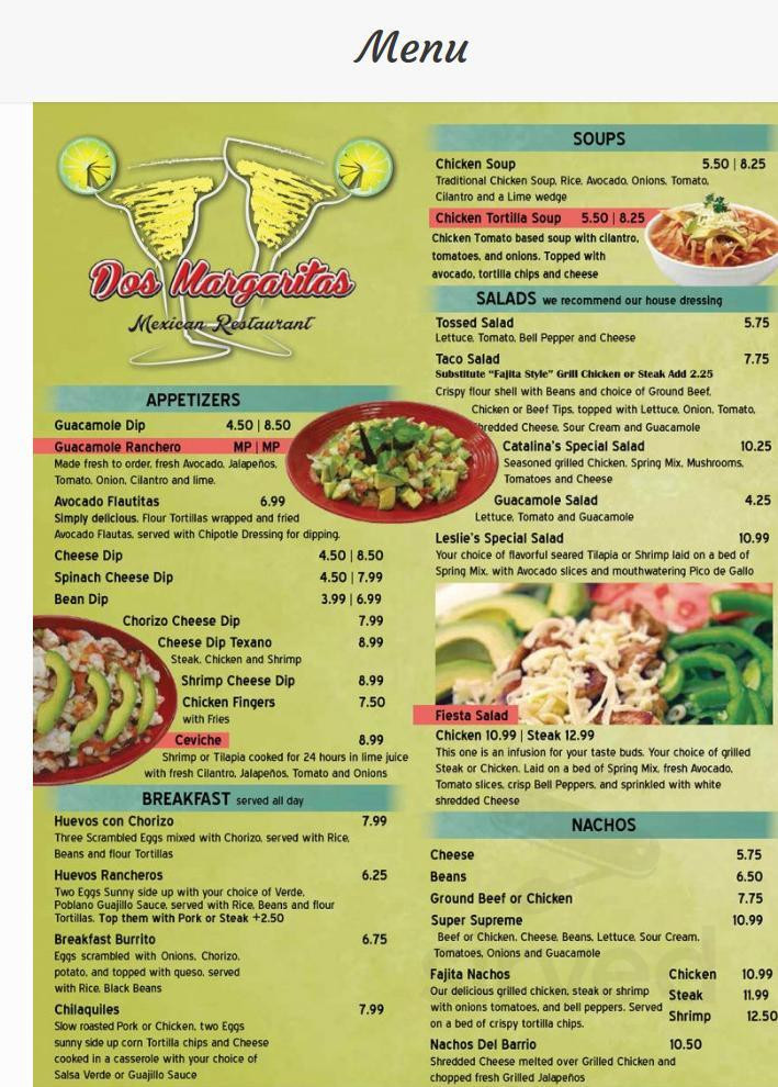 Margaritas Mexican Restaurant Menu
 Dos Margaritas Mexican Restaurant menu in Alpharetta Georgia