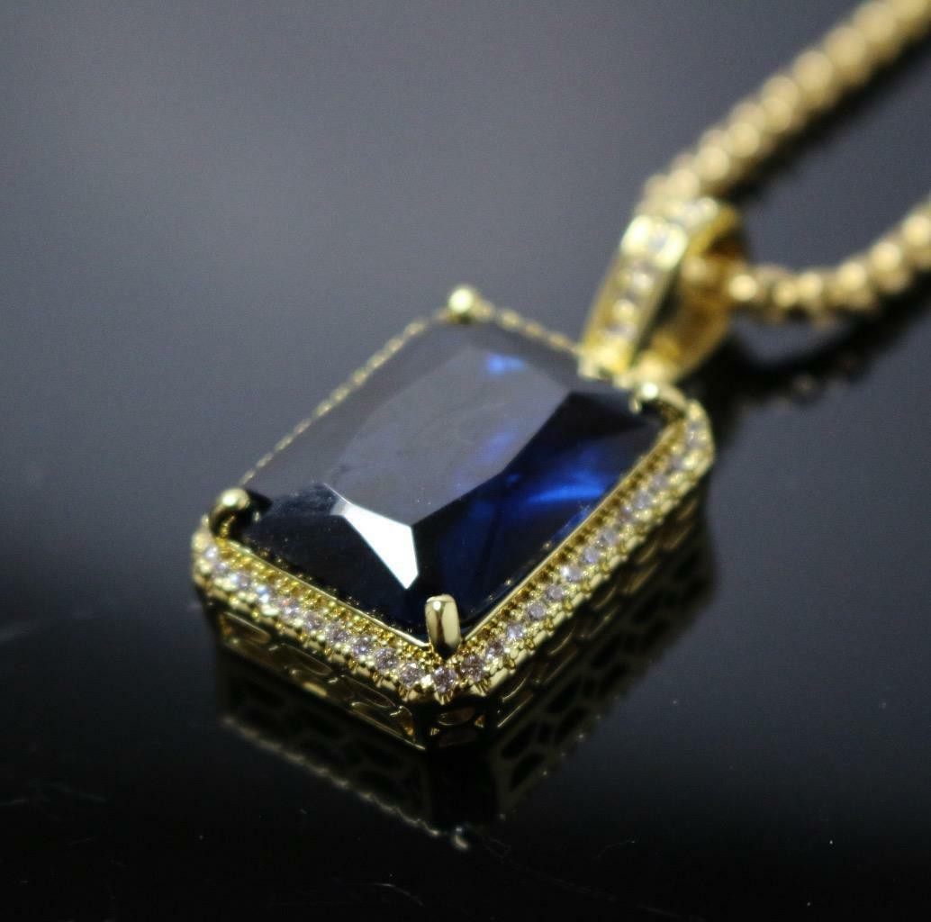 Mens Birthstone Necklace
 Mens Sapphire Blue Square Gem Stone Pendant Necklace