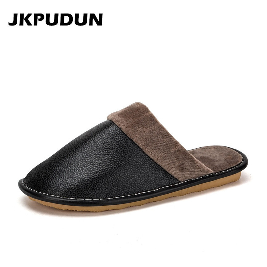 Mens Leather Bedroom Slippers
 JKPUDUN Winter Warm Fur Men Slippers Home Indoor Leather