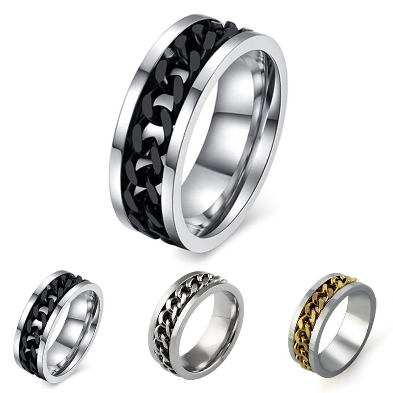 Mens Stainless Steel Wedding Rings
 Silver Black Gold Rotatable Chain Ring Stainless Steel Men