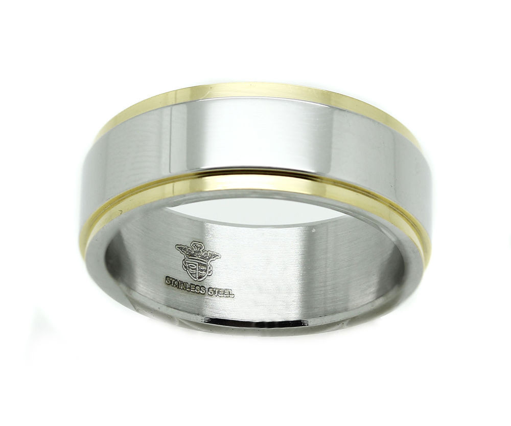 Mens Stainless Steel Wedding Rings
 Mens Stainless Steel White Yellow Two Tone Band Wedding