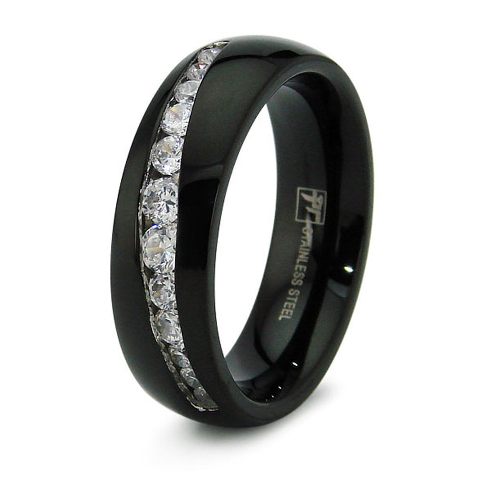 Mens Stainless Steel Wedding Rings
 Stainless Steel CZ Channel Set Mens Black Wedding Band